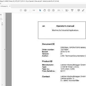 Liebherr LH 60 M Timber Litronic 1475 (USA / CAN) Machine for Industrial Applications Operator's Manual SN 82117