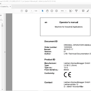 Liebherr LH 80 C Litronic 1213 Machine for Industrial Operator's Manual SN 89420 - PDF DOWNLOAD