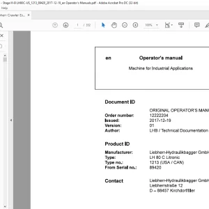Liebherr LH 80 C Litronic 1213 (USA / CAN) Machine for Industrial Applications Operator's Manual SN 89420 - PDF DOWNLOAD
