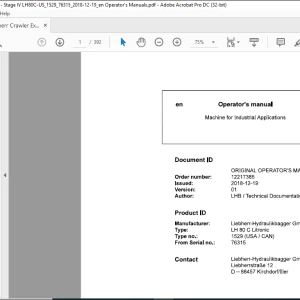 Liebherr LH 80 C Litronic 1529 (USA / CAN) Machine For Industrial Operator's Manual SN 76315 - PDF DOWNLOAD