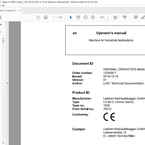 Liebherr LH 80 C Litronic Gantry 1529 Machine for Industrial Applications Operator's Manual SN 76315 - PDF DOWNLOAD