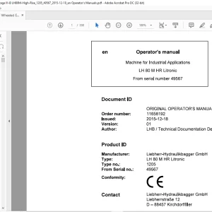 Liebherr LH 80 M HR Litronic 1205 Machine for Industrial Operator's Manual SN 49567 - PDF DOWNLOAD