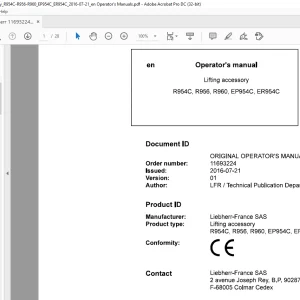 Liebherr Lifting accessory R954C,R956,R960,EP954C,ER954C Operator's manual -  PDF DOWNLOAD