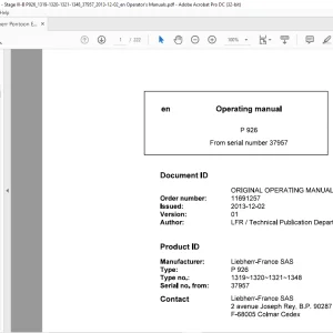 Liebherr P 926 1319 1320 1321 1348 Excavator Operating Manual SN 37957 - PDF DOWNLOAD