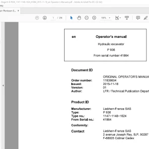 Liebherr P 936 1147 1148 1624 Hydraulic Excavator Operator's Manual SN 41864 - PDF DOWNLOAD
