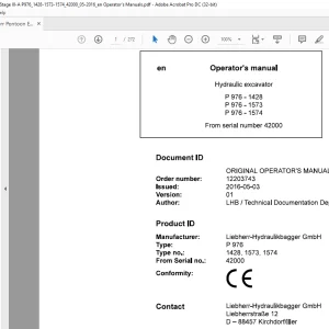 Liebherr P 976 1428 1573 1574 Hydraulic Excavator Operator's Manual SN 42000 - PDF DOWNLOAD