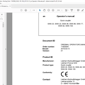 Liebherr Quick coupler SWA 22 SWA 33 SWA 48 SWA 66 SWA 77  SWA 92  SWA 105 Operating manual - PDF DOWENLOAD