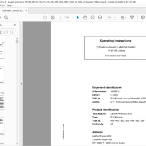 Liebherr R 914 B Litronic 960 961 962 963 964 965 966 1019 1061 Material Handler Hydraulic Excavator Operating Manual SN 11229