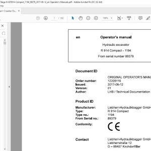 Liebherr R 914 Compact 1194 Hydraulic Excavator Operator's Manual SN 89379 - PDF DOWNLOAD