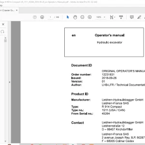 Liebherr R 914 Compact 1511 (USA / CAN) Hydraulic Excavator Operator's Manual SN 45264 - PDF DOWNLOAD