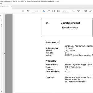 Liebherr R 914 Rail Litronic 1511 Hydraulic Excavator Operator's Manual SN 47211 - PDF DOWNLOAD