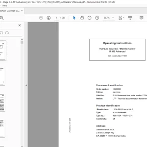 Liebherr R 916 Advanced 423 1024 1025 1274 Material Handler Hydraulic Excavator Operating Manual SN 17834 - PDF DOWNLOAD