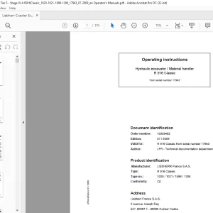 Liebherr R 916 Classic 1020 1021 1086 1306 Material Handler Hydraulic Excavator Operating Manual SN 17943