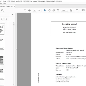 Liebherr R 916 Classic Facelift 1301 Hydraulic Excavator Operating Manual SN 31407 - PDF DOWNLOAD