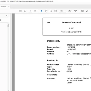 Liebherr R 920 1545 Hydraulic Excavator Operator's Manual SN 40104 - PDF DOWNLOAD
