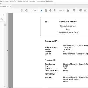 Liebherr R 920 1545 Hydraulic Excavator Operator's Manual SN 40689 - PDF DOWNLOAD