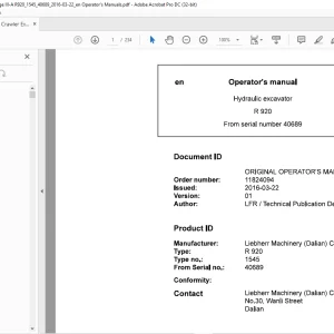 Liebherr R 920 1545 Hydraulic Excavator Operator's Manual SN 40689 - PDF DOWNLOAD
