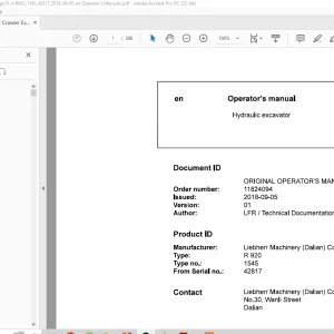Liebherr R 920 1545 Hydraulic Excavator Operator's Manual SN 42817 - PDF DOWNLOAD
