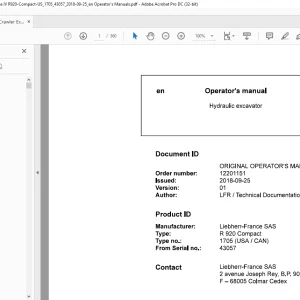 Liebherr R 920 Compact 1705 (USA / CAN) Hydraulic Excavator Operator's Manual SN 43057 - PDF DOWNLOAD