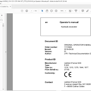 Liebherr R 922 1314 1315 1379 1644 1677 Hydraulic Excavator Operator's Manual SN 37755 - PDF DOWNLOAD