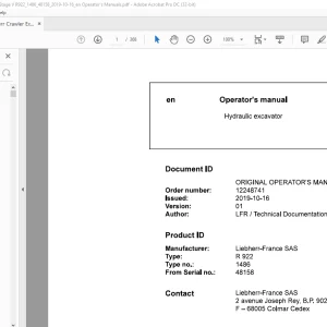 Liebherr R 922 1486 Hydraulic Excavator Operator's Manual SN 48158 - PDF DOWNLOAD