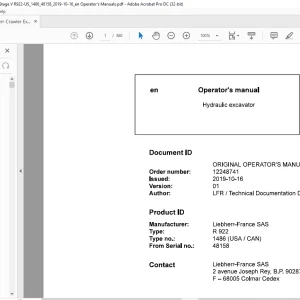 Liebherr R 922 1486 (USA / CAN) Hydraulic Excavator Operator's Manual SN 48158 - PDF DOWNLOAD