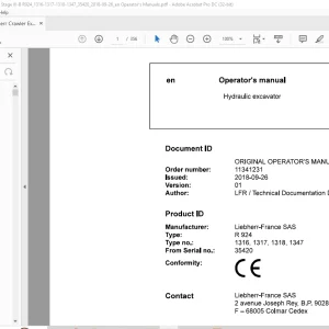 Liebherr R 924 1316 1317 1318 1347 Hydraulic Excavator Operator's Manual SN 35420 - PDF DOWNLOAD