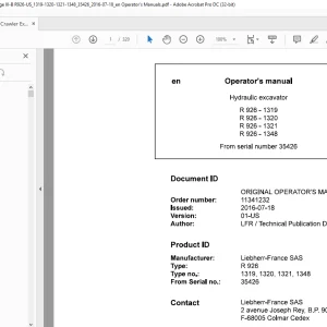 Liebherr R 926 1319 1320 1321 1348 Hydraulic Excavator Operator's Manual 35426 - PDF DOWNLOAD