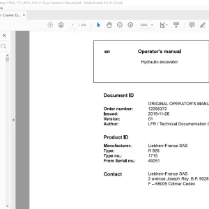 Liebherr R 926 1715 Hydraulic Excavator Operator's Manual SN 49251 - PDF DOWNLOAD