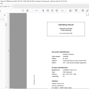 Liebherr R 926 Advanced 692 1026 1027 1346 Hydraulic Excavator Operating Manual SN 27692 - PDF DOWNLOAD
