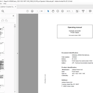 Liebherr R 926 Classic 1022 1023 1087 1345 Hydraulic Excavator Operating Manual SN 31063 - PDF DOWNLOAD