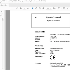 Liebherr R 926 Compact 1565 Hydraulic Excavator Operator's Manual SN 36183 - PDF DOWNLOAD