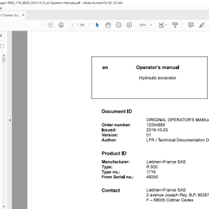 Liebherr R 930 1716 Hydraulic Excavator Operator's Manual SN 49250 - PDF DOWNLOAD