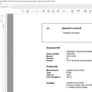 Liebherr R 934 1550 Hydraulic Excavator Operator's Manual SN 48712 - PDF DOWNLOAD