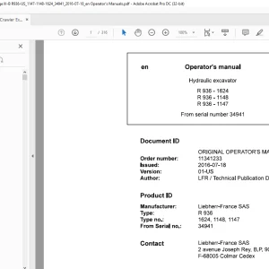 Liebherr R 936 1624 1148 1147 Hydraulic Excavator Operator's Manual SN 34941 - PDF DOWNLOAD