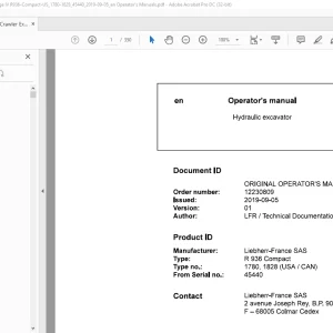 Liebherr R 936 Compact 1780 1828 (USA / CAN) Hydraulic Excavator Operator's Manual SN 45440 - PDF DOWNLOAD