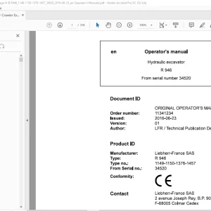 Liebherr R 946 1149 1150 1376 1457 Hydraulic Excavator Operator's Manual 34520 - PDF DOWNLOAD
