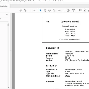 Liebherr R 946 1149 1457 1376 1150 Hydraulic Excavator Operator's Manual 34520 - PDF DOWNLOAD