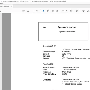Liebherr R 950 Demolition 1467 1788 Hydraulic Excavator Operator's Manual SN 37540 - PDF DOWNLOAD