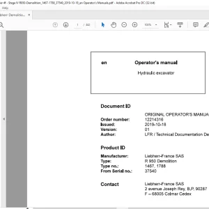 Liebherr R 950 Demolition 1467 1788 Hydraulic Excavator Operator's Manual SN 37540 - PDF DOWNLOAD