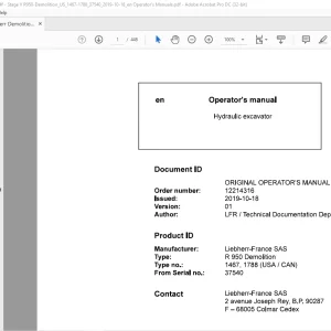 Liebherr R 950 Demolition 1467 1788 (USA / CAN) Hydraulic Excavator Operator's Manual SN 37540 - PDF DOWNLOAD