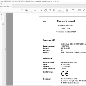 Liebherr R 950 SME 1323 1646 Hydraulic Excavator Operator's Manual SN 34697 - PDF DOWNLOAD