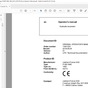 Liebherr R 950 SME 1492 Hydraulic Excavator Operator's Manual SN 42213 - PDF DOWNLOAD