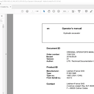 Liebherr R 950 SME 1492 (USA / CAN) Hydraulic Excavator Operator's Manual SN 42213 - PDF DOWNLOAD