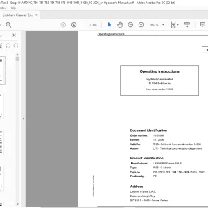 Liebherr R 954 C-Litronic 780 781 783 784 785 976 1016 1081 Hydraulic Excavator Operating Manual SN 14968 - PDF DOWNLOAD