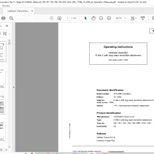 Liebherr R 954 C demolition attachment 780 781 783 784 785 976 1016 1081 Hydraulic Excavator Operating Manual SN 17856