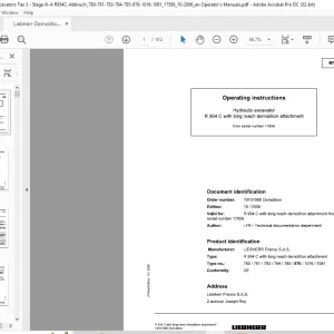 Liebherr R 954 C with long reach demolition attachment 780 781 783 784 785 976 1016 1081 Hydraulic Excavator Operating Manual SN 17856