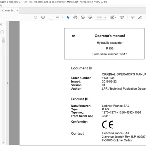 Liebherr R 956 1270 1271 1358 1392 1586 Hydraulic Excavator Operator's Manual SN 35317 - PDF DOWNLOAD