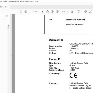 Liebherr R 960 1480 1729 Hydraulic Excavator Operator's Manual 41492 - PDF DOWNLOAD
