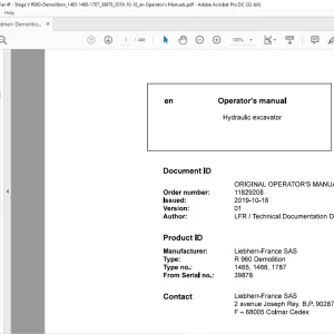 Liebherr R 960 Demolition 1465 1466 1787 Hydraulic Excavator Operator's Manual SN 39878 - PDF DOWNLOAD